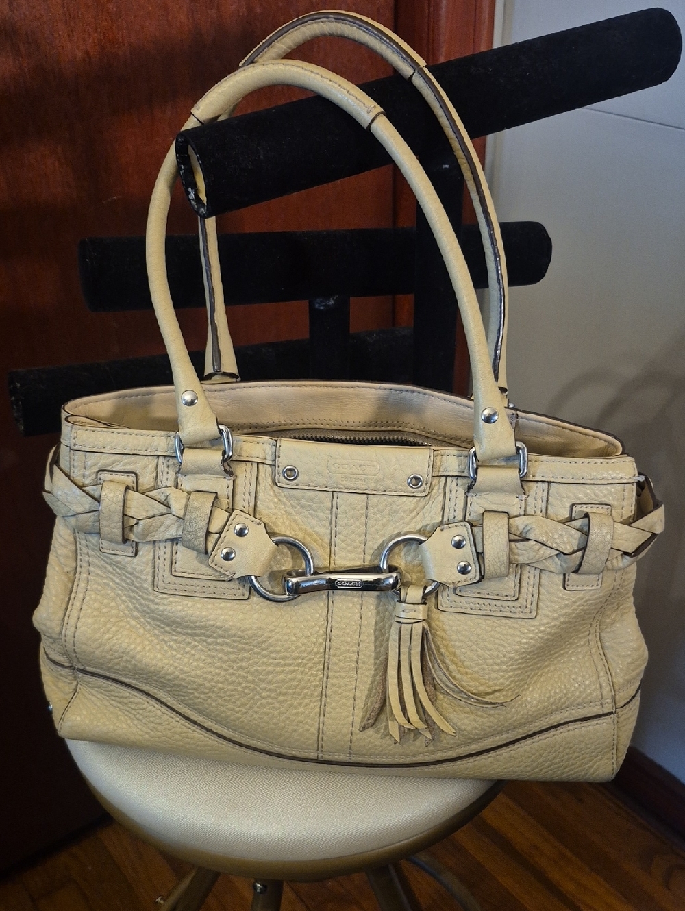 Coach Cream Hampto Leather Shoulder Bag with Braided Trim and Tassel